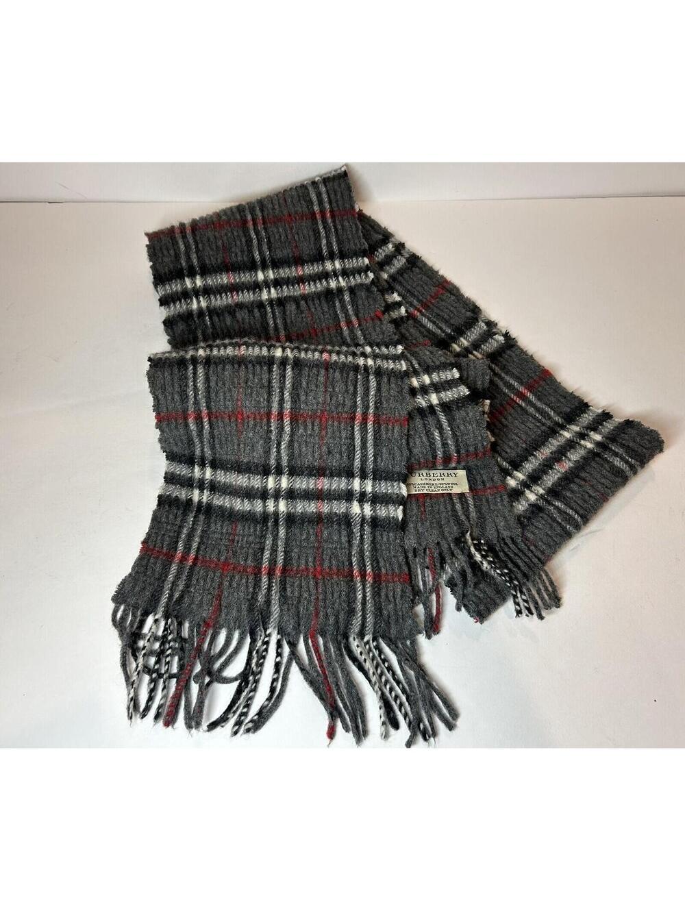 Burberry London Gray Plaid Wool Cashmere Fringe Scarf - Picture 3 of 9